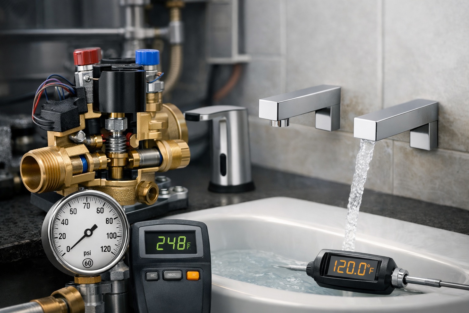 Modern restroom tech and plumbing details for touchless fixtures